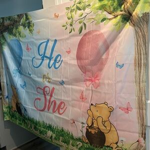 Winnie the Pooh Gender Reveal Banner Party Backdrop HE OR SHE What Will Baby Be?